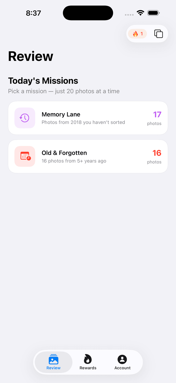 Migrate Moments for iOS — Today's Missions, including Memory Lane and Old & Forgotten