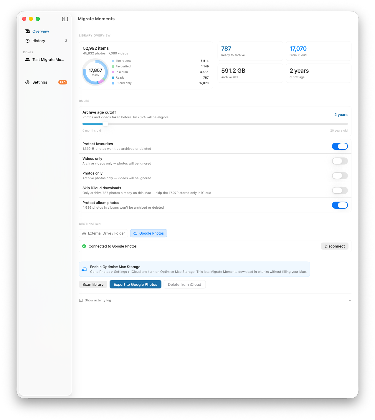 Migrate Moments for Mac showing a scanned iCloud library with storage to reclaim